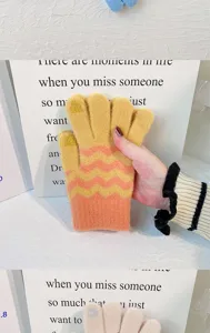 Women winter knit touch screen gloves warm thick cozy wave pattern cute winter gloves for daily wear
