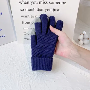 Damen Winter warme Touchscreen Strickhandschuhe, dunkelblaue weiche thermische Handschuhe.