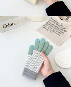 Detailed shot of women's winter knit touch-screen gloves with chic chevron pattern.