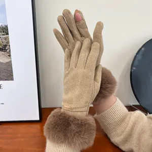Women thermal fleece touch screen gloves with brown faux fur cuff for winter cold protection.