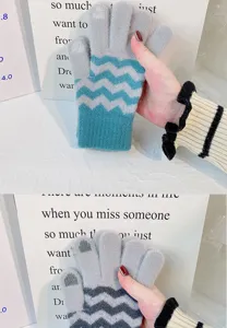 Japanese knitted warm winter gloves for women, thick wave pattern contrast color touchscreen.