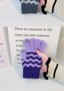 Knit warm touchscreen gloves winter thick wave pattern women fashionable detail view