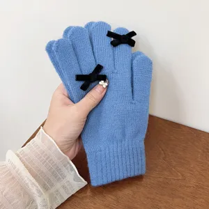 Korean style knit warm gloves for women, winter solid color wool gloves with cute black bow.