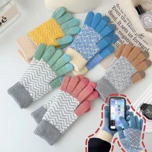 Women Winter Warm Touch Screen Gloves Cute Striped Color Block Knitted Gloves Fashion Casual Gloves