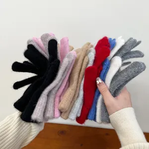 Women winter thick plush knit gloves solid color warm cozy cute five finger gloves