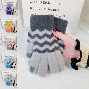 Women Winter Warm Knit Gloves Wave Pattern Color Block Touch Screen Full Finger Korean Style Fashion Daily Gloves