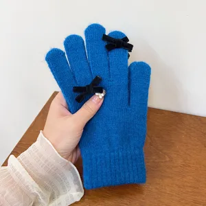 Women winter warm knit gloves solid color blue soft wool cute black bow five finger touch
