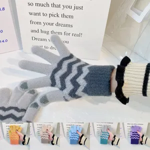 Women winter knitted warm touch screen gloves with stylish wavy color contrast design.