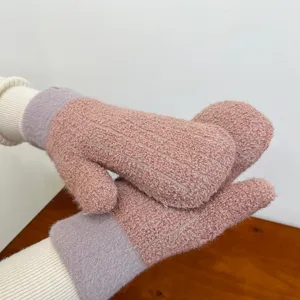 Women winter warm thick fleece mittens solid color cozy cold-proof cute gloves set