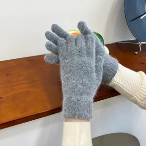 Winter warm grey fuzzy knitted gloves for women, thick soft five-finger winter cold mittens
