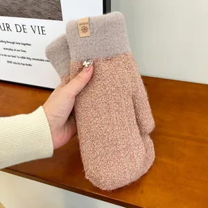 Winter warm plush mittens for women, thickened double layer fleece lined cozy cold proof gloves