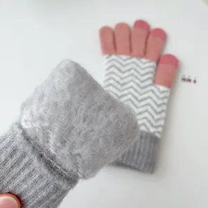 Winter warm knitted gloves for women, fleece lined thick touch screen gloves with color block stripes.
