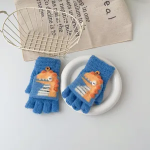 Cute kids winter knit convertible half finger gloves with cartoon dinosaur design blue color.
