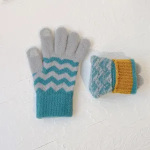 Japanese knit touch screen gloves for women winter warm wave pattern color block mittens