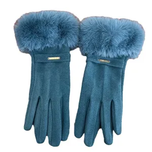 Women winter warm gloves, dark blue thermal plush cuff full finger gloves for daily wear.