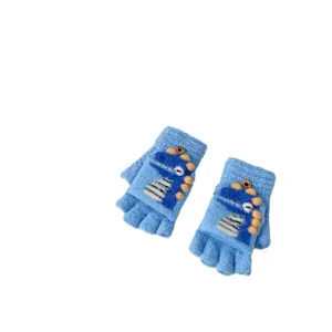 Cute cartoon dinosaur boys winter warm knit half finger flip gloves daily wear