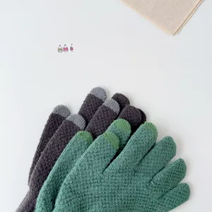 Detailed view of men's winter warm knit touchscreen gloves featuring cozy thermal fleece lining.