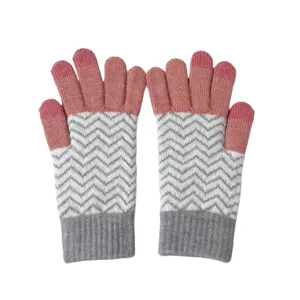 Women winter warm knit touchscreen gloves with grey chevron pattern and pink fingertips.