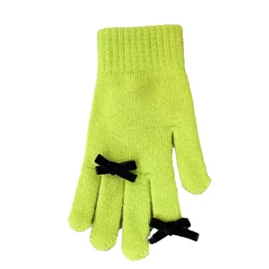 Women winter warm knit gloves with black bows, bright green wool fabric, stylish cold weather wear.