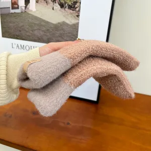 Detail shot of winter warm plush mittens, thickened double-layer fuzzy knit gloves for women.