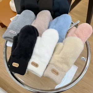 Women Winter Warm Faux Mink Fur Gloves Thickened Double Layer Solid Color Driving Outdoor Thermal Mittens Cold Weather Gear