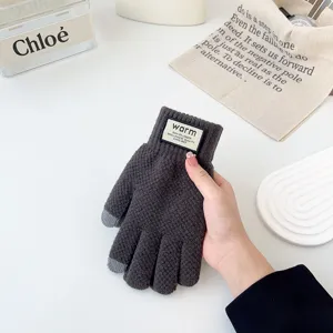 Men winter warm knitted gloves touchscreen thick plush thermal five finger gloves grey fashion