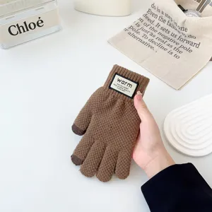 Men winter warm knit touchscreen gloves thick fleece thermal five-finger cycling gloves detail