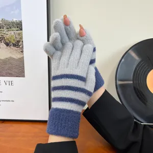 Knit striped warm gloves for women winter thermal thick touch screen half finger gloves