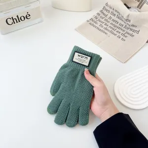 Men's winter warm knit touchscreen gloves detail view showing texture and brand patch quality.