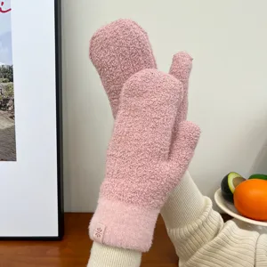 Women winter warm fuzzy mittens solid color thick plush gloves cute cozy snow wear design