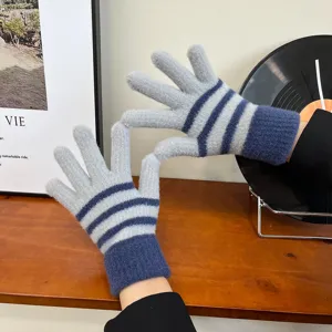 Women winter warm knit gloves, cozy grey and blue striped thermal design for cold weather.