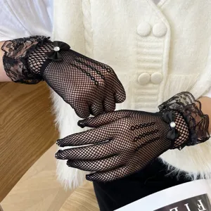 Women's Summer Sun Protection Lace Fishnet Gloves Sexy Hollow Out Bow Rhinestone Short Gloves