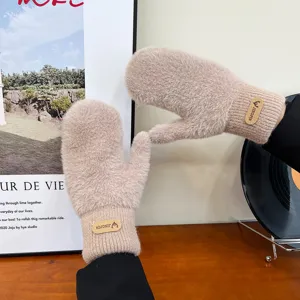 Women winter warm plush mittens thick fleece lined soft solid color outdoor riding gloves