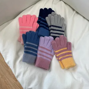 Colorful striped knit gloves for women winter warm thermal thick soft cozy daily wear detail view