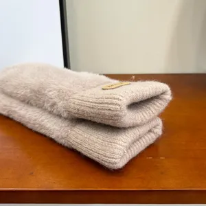 Women winter warm fleece knitted gloves thick solid color soft mittens for outdoor riding
