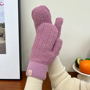 Winter warm solid color fleece mittens for women, thick double layer fuzzy gloves with tag.