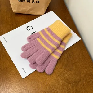 Women winter warm knit gloves, purple and yellow striped thermal mittens for daily wear.