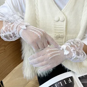 White lace mesh gloves detail, elegant bow and rhinestone decoration for women.