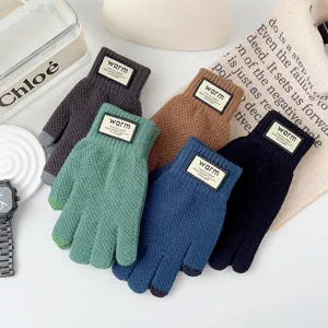 Men Winter Warm Knit Gloves Touch Screen Thickened Thermal Acrylic Solid Color Outdoor Business Casual Gloves