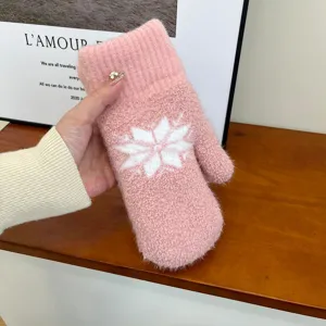 Damen Winter warme Fleece verdickte Fäustlinge gemütliche rosa Schneeflocken Strickhandschuhe