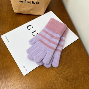 Women winter warm knitted striped gloves soft cozy thick five-finger thermal gloves