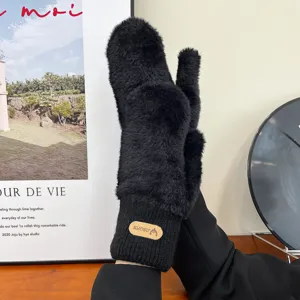 Black plush winter mittens for women, thick dual-layer faux mink fleece warm gloves detail.