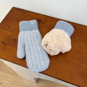 Korean style thick fleece warm mittens for women winter cozy double layer solid color gloves