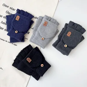 Men Winter Warm Faux Alpaca Velvet Knit Gloves Convertible Fingerless Flip Top Solid Color Business Casual Gloves