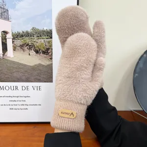 Khaki winter warm faux mink mittens close-up, thick plush design with cozy ribbed cuffs.