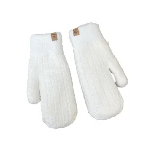 Women thick warm winter plush mittens soft solid color fleece lined mittens white