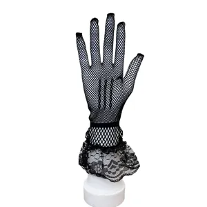 Black lace fishnet gloves for women, sexy hollow out floral summer sun protection handwear.