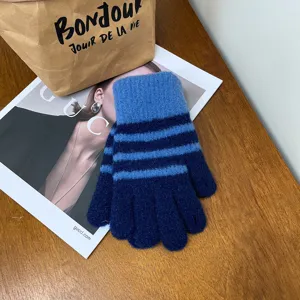 Women winter warm striped knit gloves, thick cozy five-finger cold weather cycling gloves.