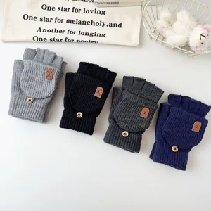 Men's knitted half-finger convertible gloves detail, winter warm solid color thermal gear.