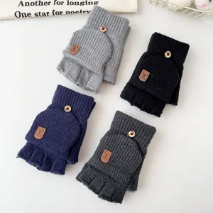 Men winter knitted convertible half-finger gloves detail view, four colors solid woolly touch.